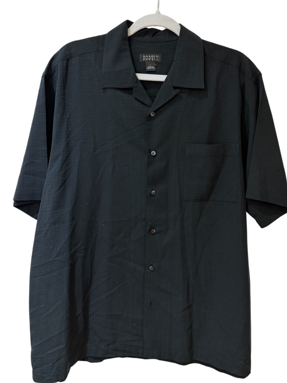 Harold Powell Black Short-Sleeve Button-Down Silk Blend Camp Shirt large